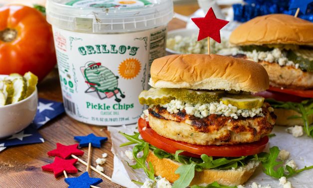 Pick Up Grillo’s Pickle Chips & Serve Up My Red, White & Bleu Grilled Chicken Burger At Your 4th Of July Celebration